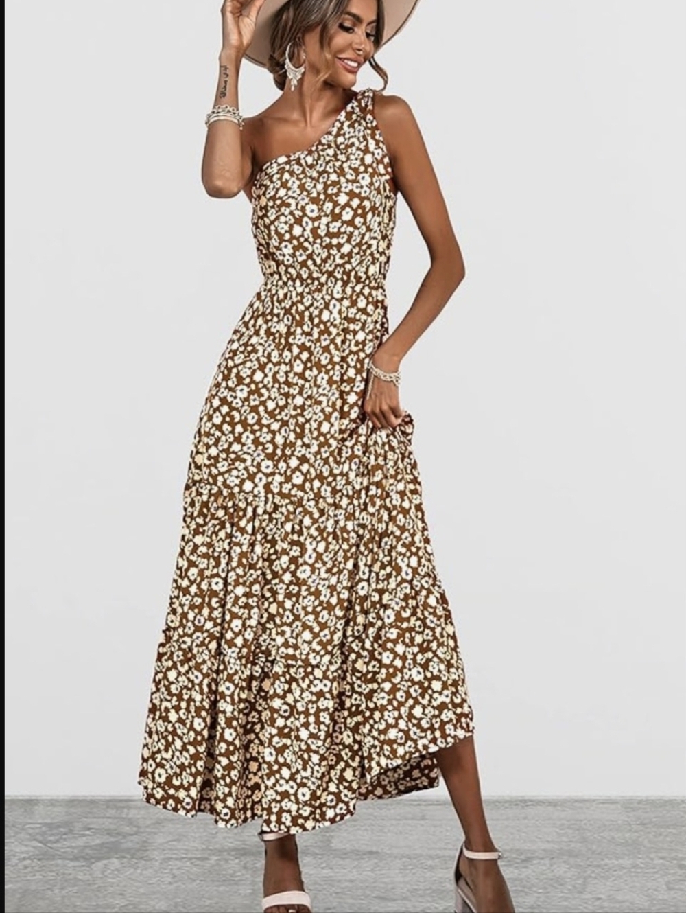 Pretty Garden One-Shoulder Brown Floral Maxi Dress - Picture 2 of 6